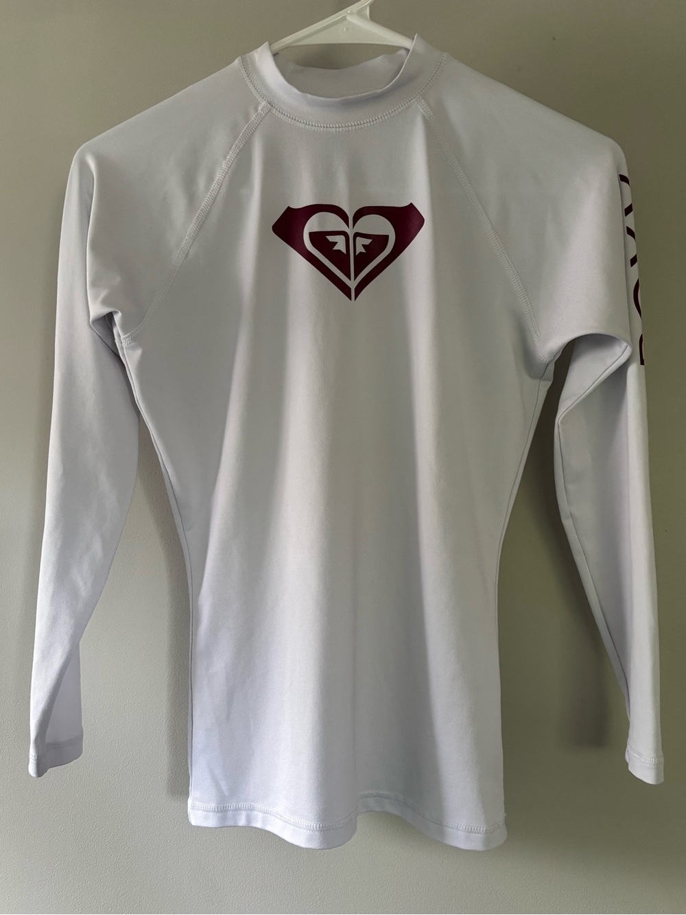 Roxy White Long-Sleeve Rash Guard with Maroon Logo
